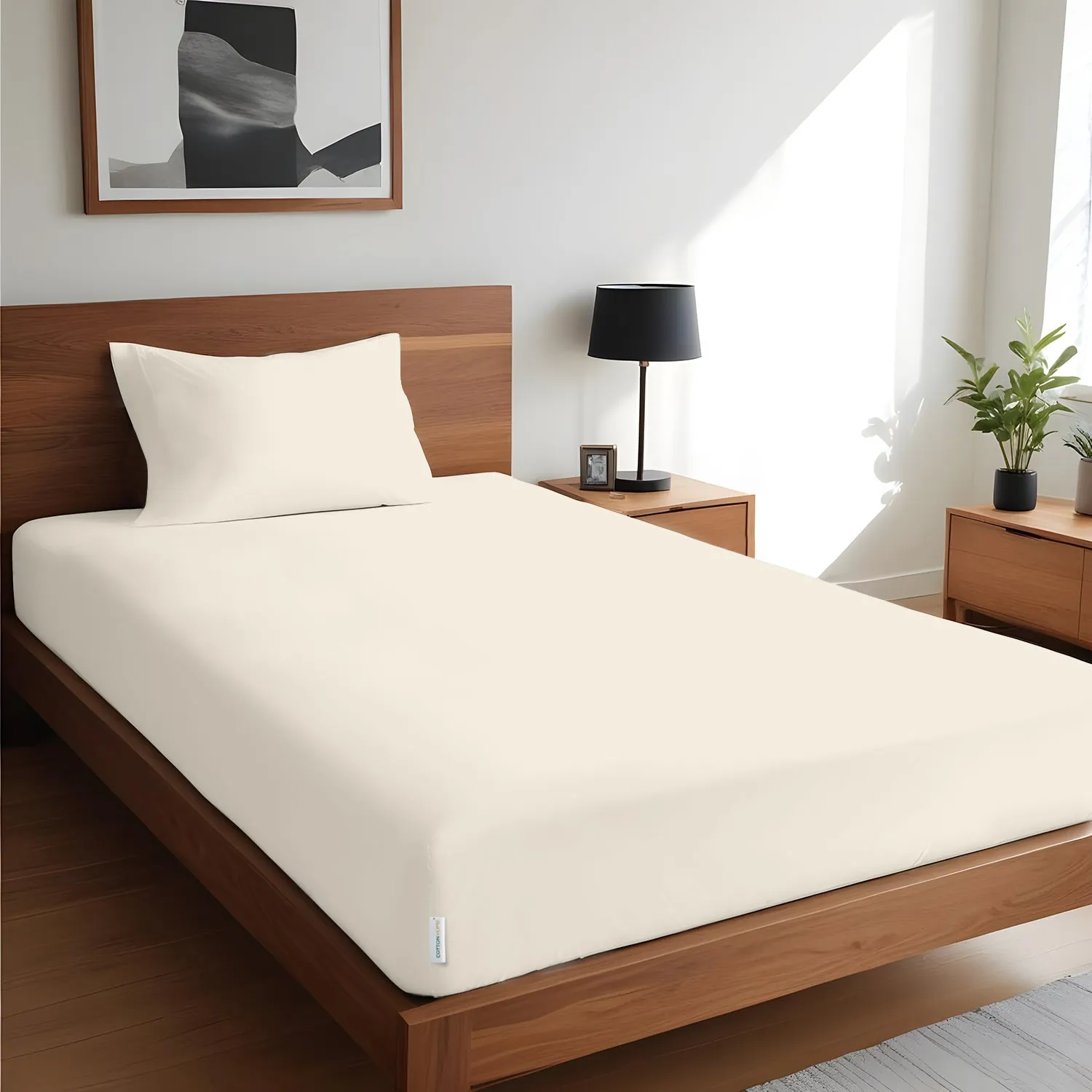 100% Egyptian Cotton 3PC Fitted Sheet 90X200 20CM Cotton Home Sateen Cream
