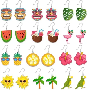 12 Pairs Tropical Earrings Hawaiian Earrings Luau Hula Party Dangle Earrings with Nickel Free Hooks Drop Earrings Summer Holiday Cute Jewelry Accessories for Women Ladies Gift