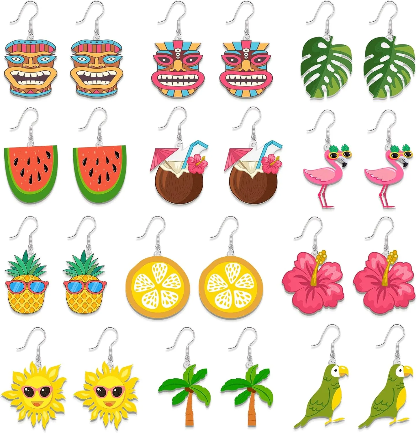 12 Pairs Tropical Earrings Hawaiian Earrings Luau Hula Party Dangle Earrings with Nickel Free Hooks Drop Earrings Summer Holiday Cute Jewelry Accessories for Women Ladies Gift