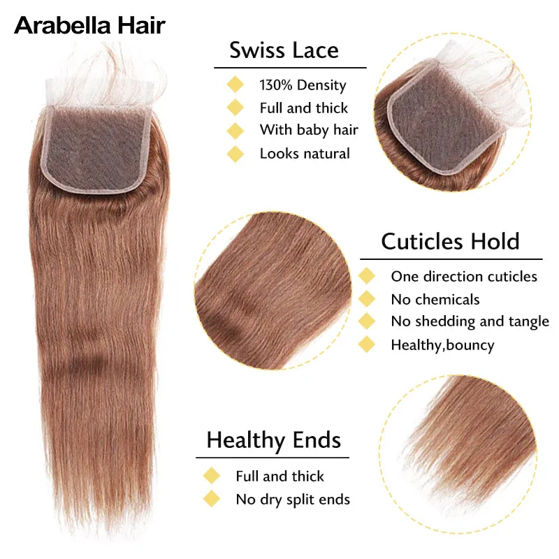 {12A 3Pcs Closure} Dark Brown #4 Color 3 Bundles Straight Hair With 4x4 Lace Closure