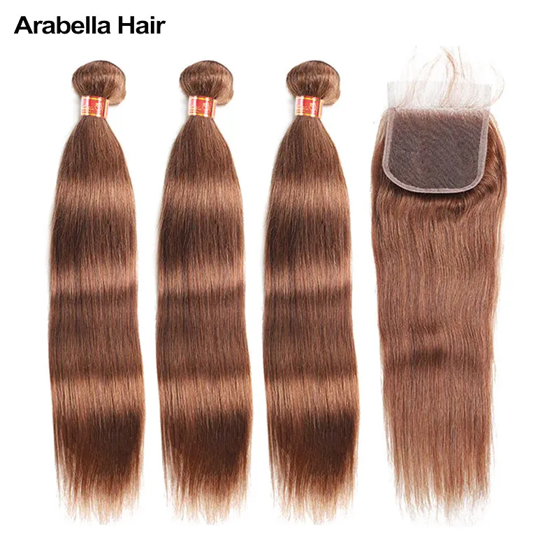 {12A 3Pcs Closure} Dark Brown #4 Color 3 Bundles Straight Hair With 4x4 Lace Closure