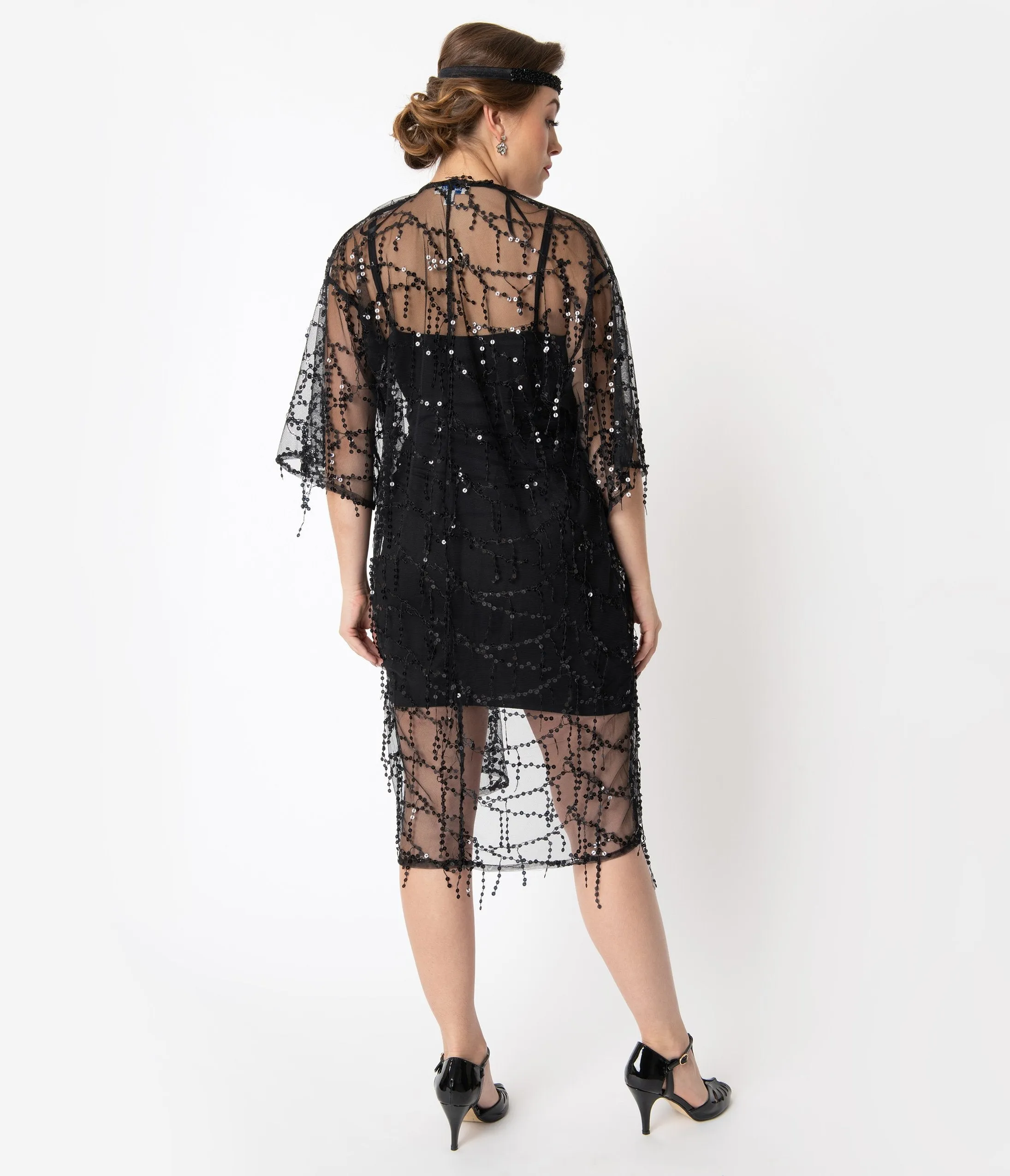 1920s Style Black Sequin Mesh Long Kimono