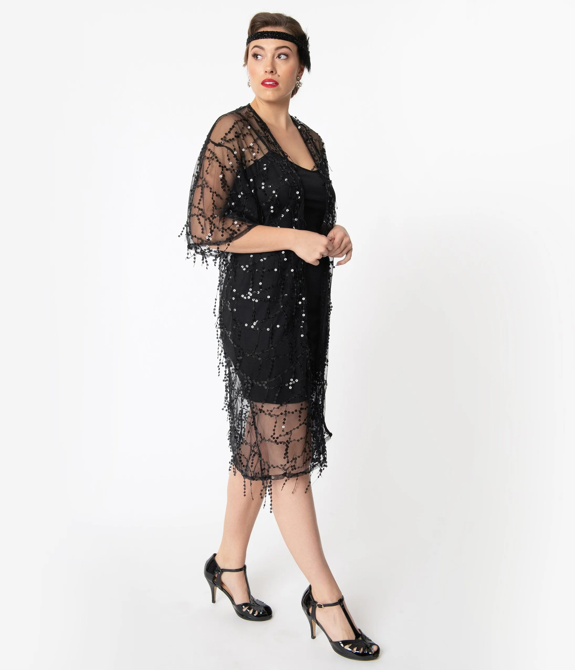 1920s Style Black Sequin Mesh Long Kimono
