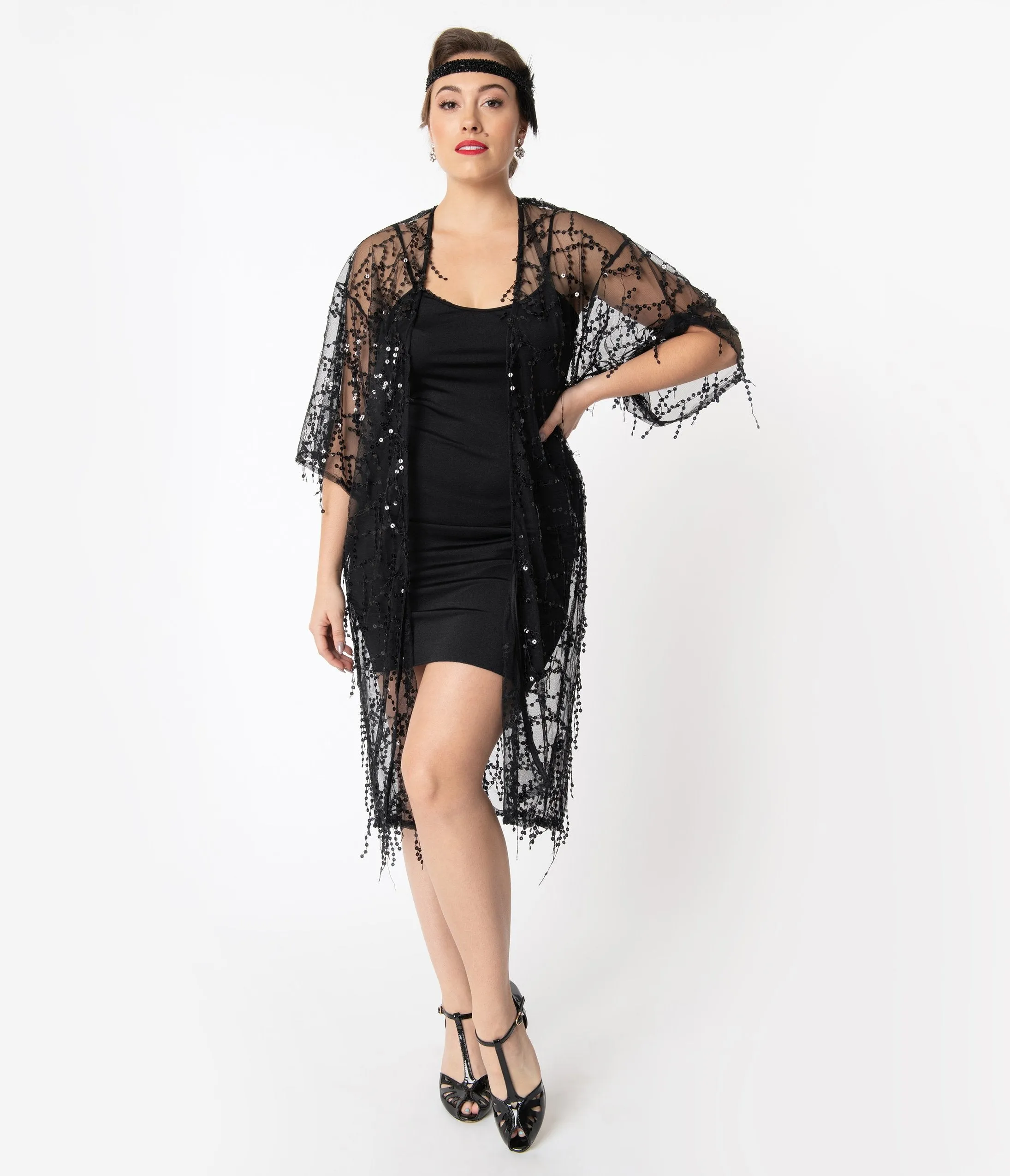 1920s Style Black Sequin Mesh Long Kimono