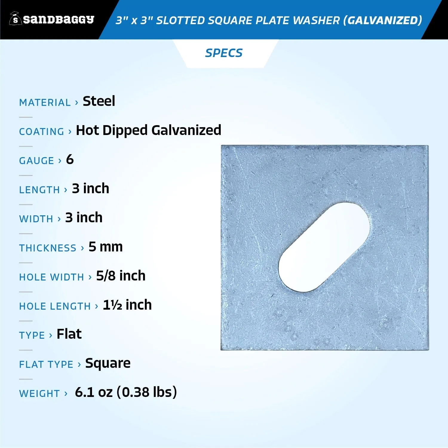 3" x 3" Slotted Square Plate Washer (Galvanized) - 5/8" Anchor Bolt Diameter