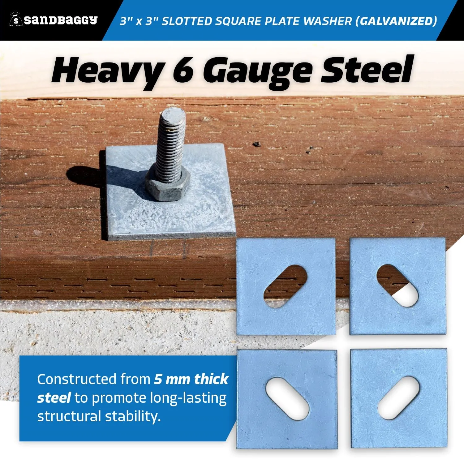 3" x 3" Slotted Square Plate Washer (Galvanized) - 5/8" Anchor Bolt Diameter