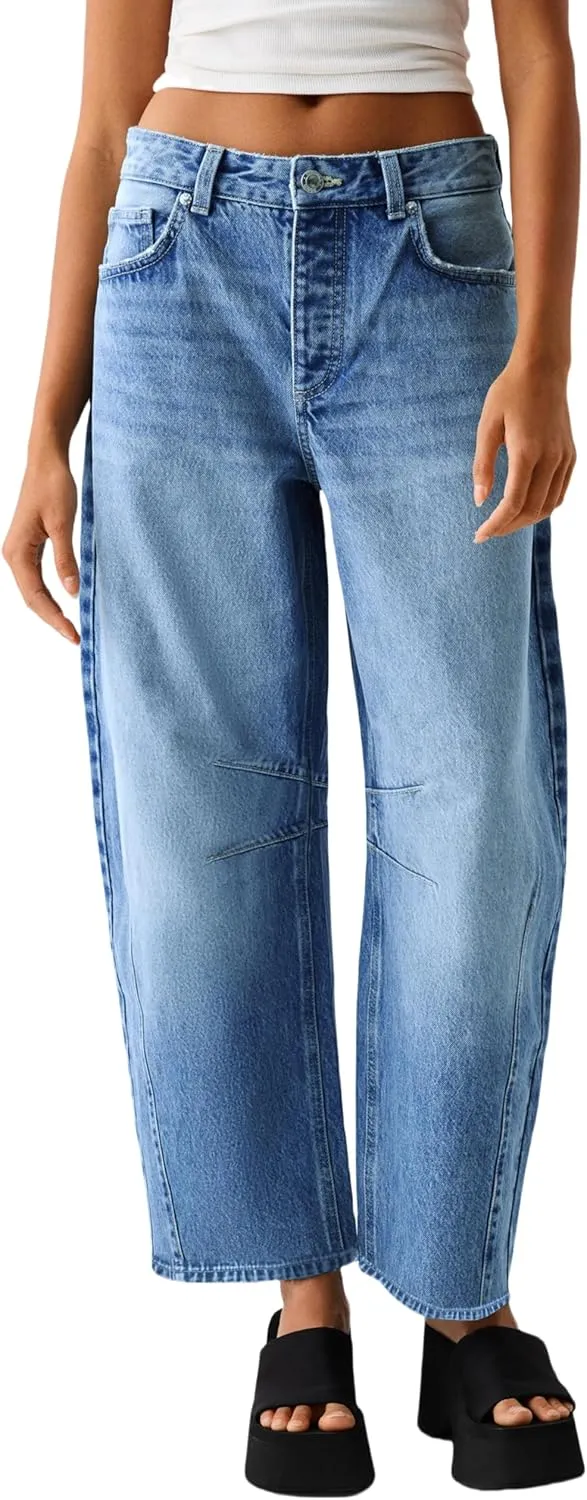 Allimy Womens Jeans Mid Rise Barrel Leg Vintage Jeans for Women Trendy 2025 Denim Pants Non Stretch