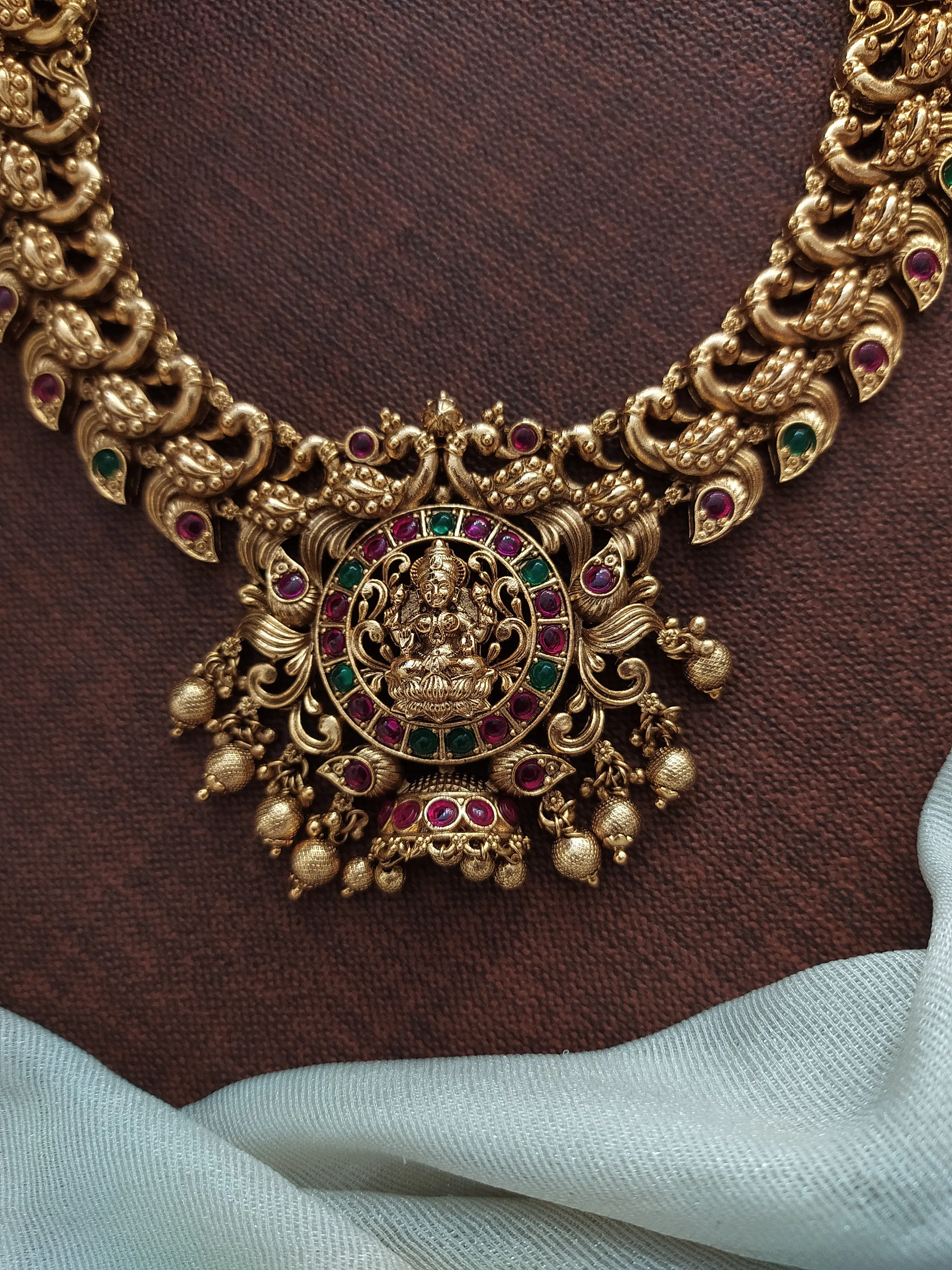 Antique Long Haram Set with Lakshmi and Ruby & Green Stones