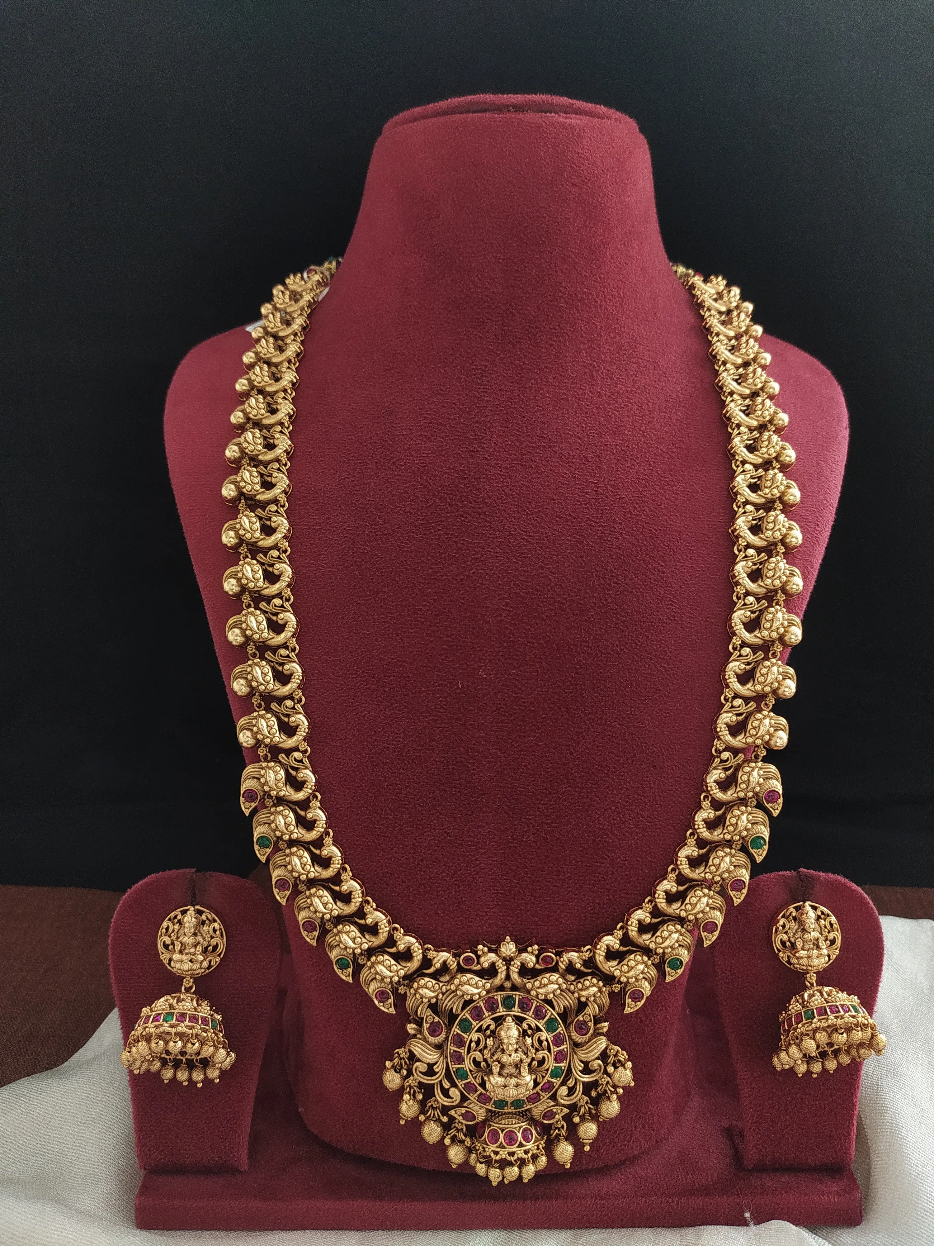 Antique Long Haram Set with Lakshmi and Ruby & Green Stones