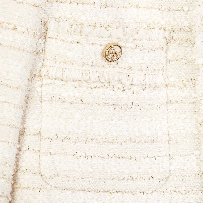 Beige Short Tweed Coats with Metal Buttons