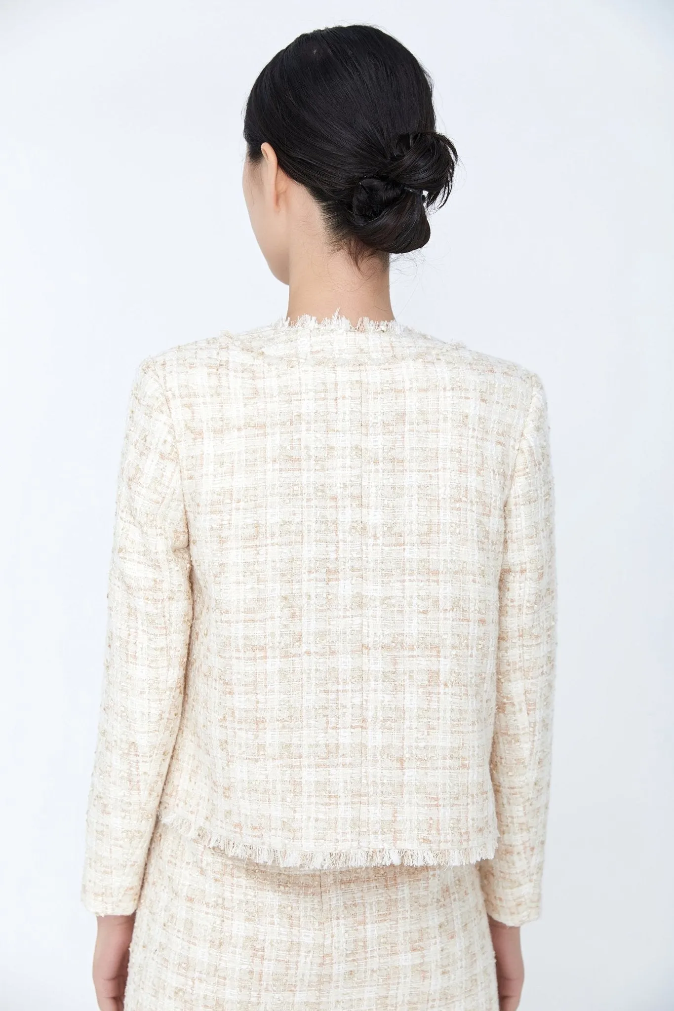 Beige Tweed Plaid Check Short Jacket