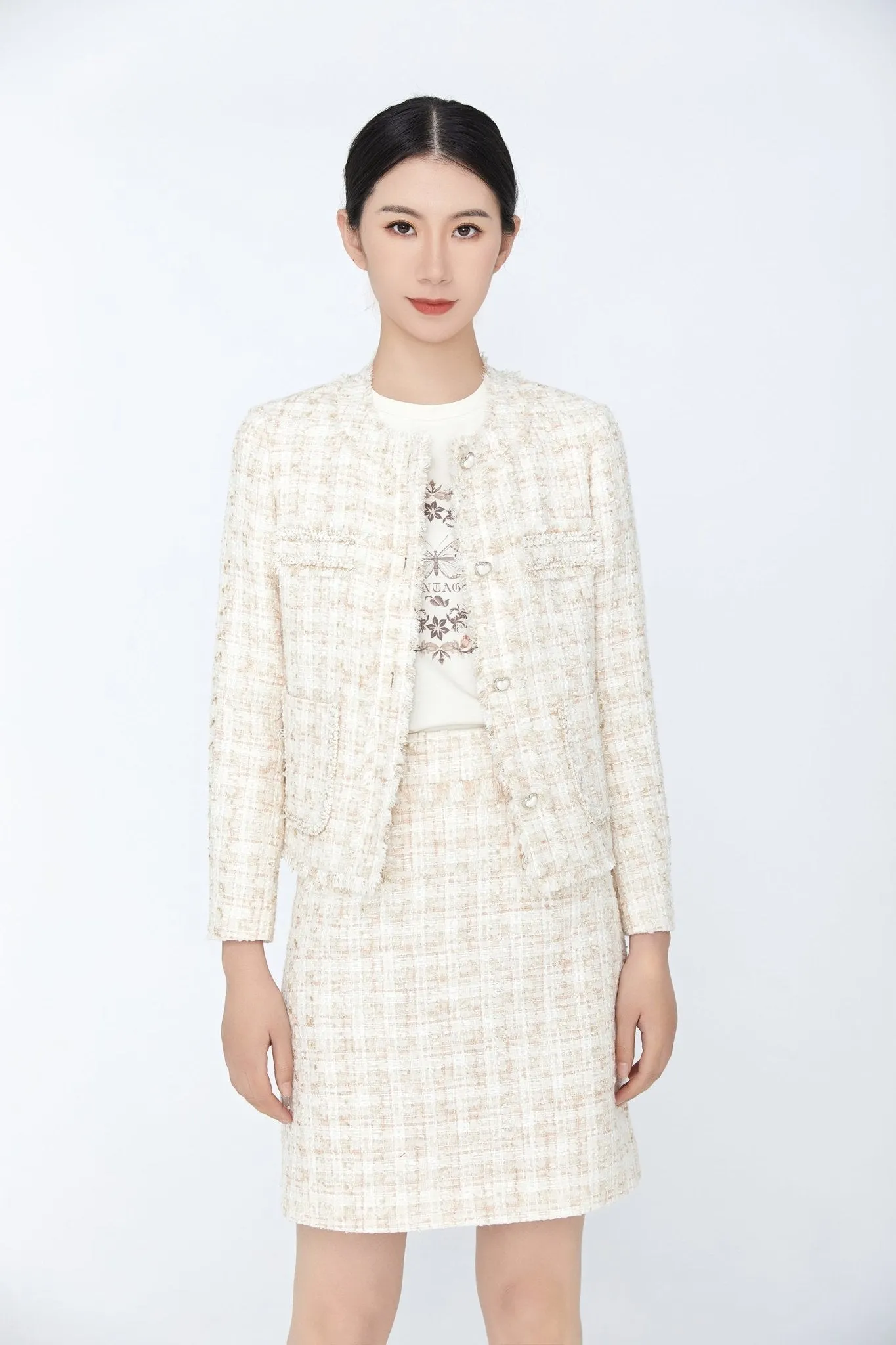 Beige Tweed Plaid Check Short Jacket