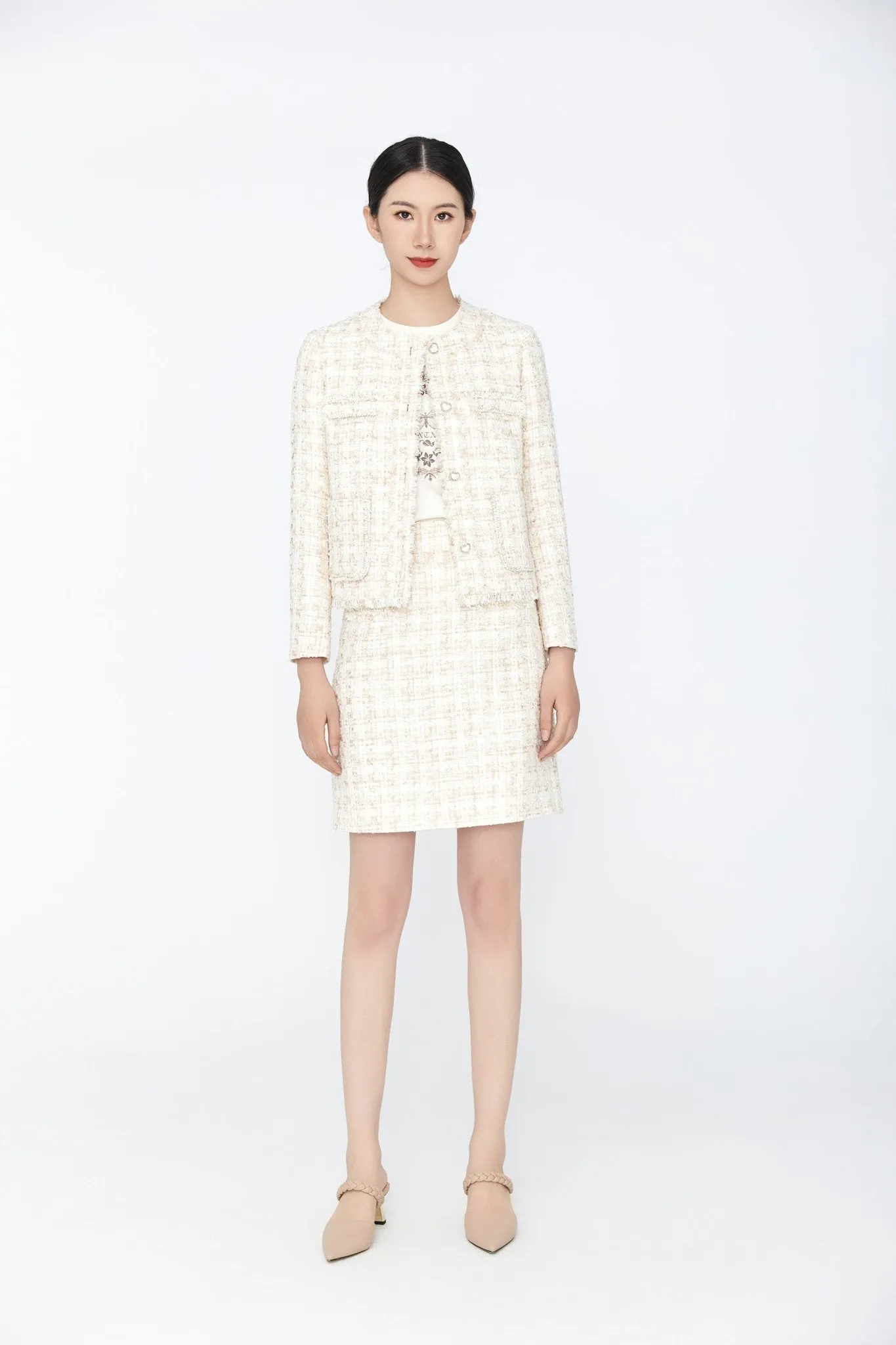 Beige Tweed Plaid Check Short Jacket