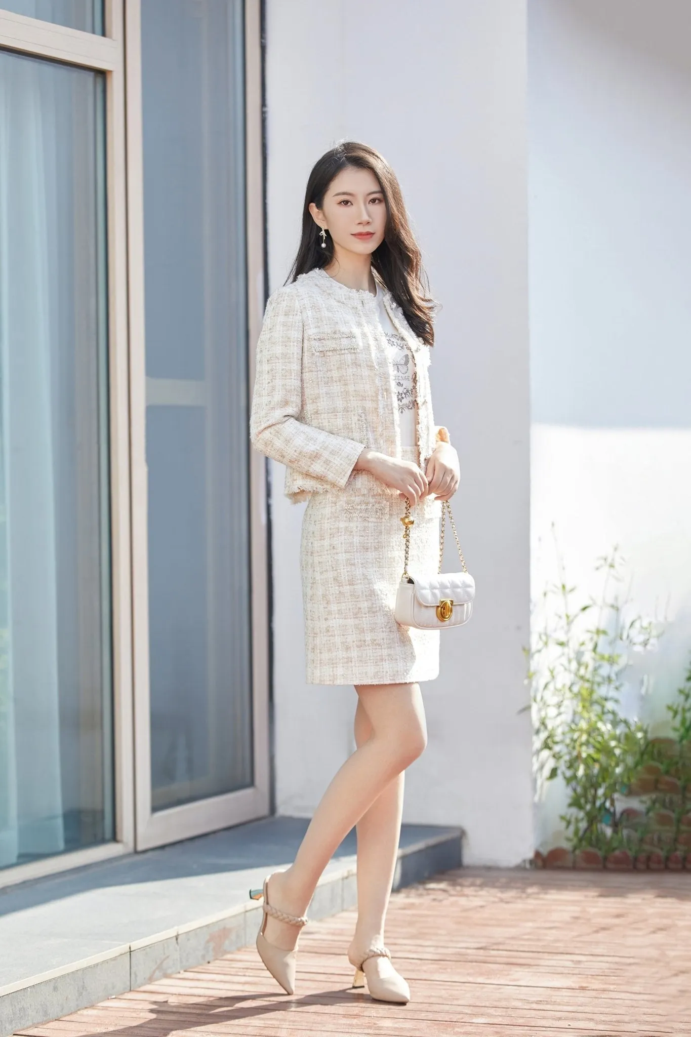 Beige Tweed Plaid Check Short Jacket