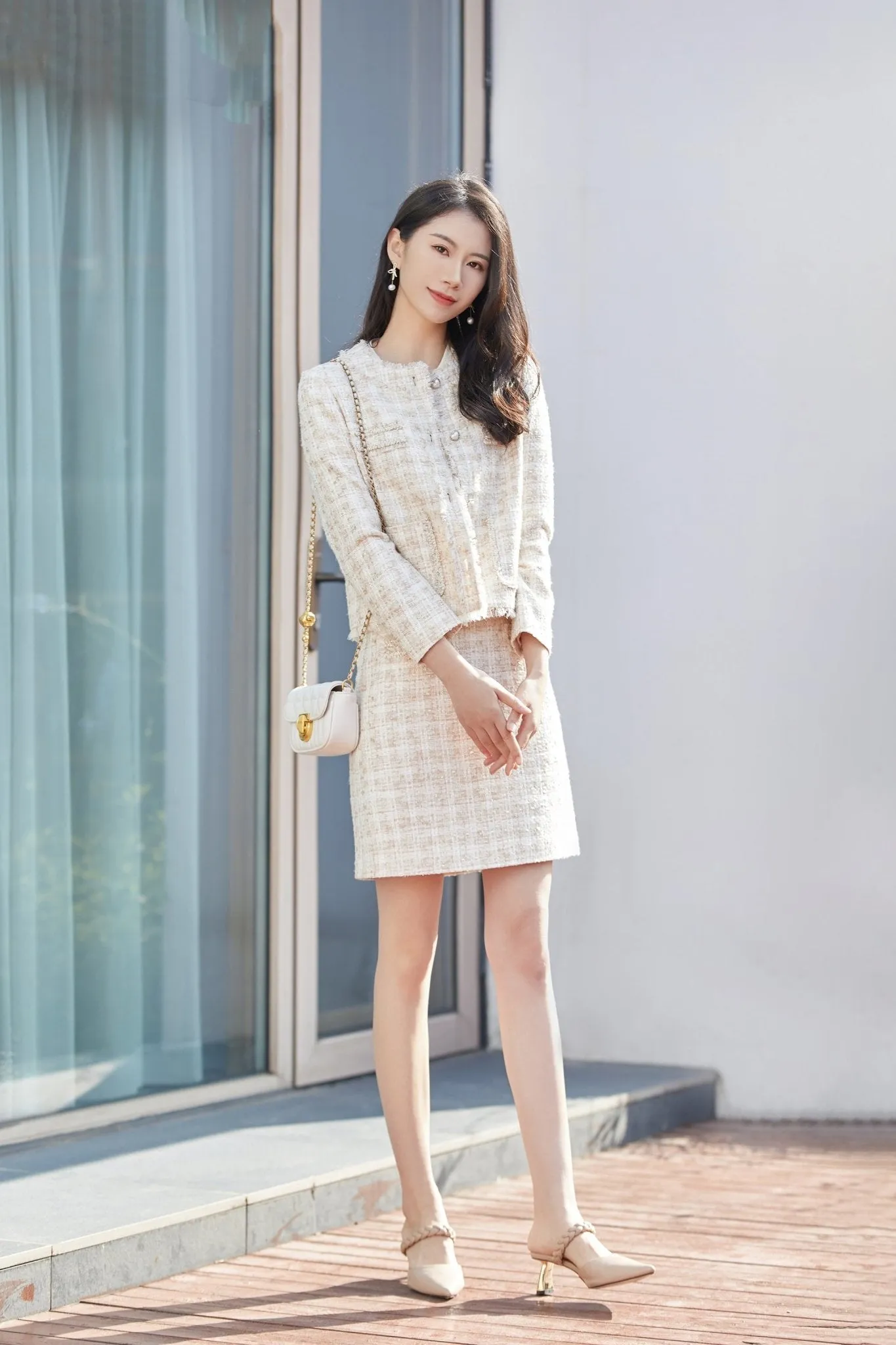 Beige Tweed Plaid Check Short Jacket