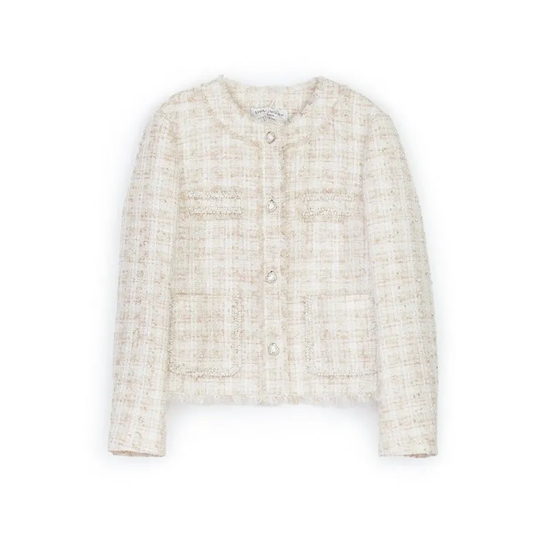 Beige Tweed Plaid Check Short Jacket