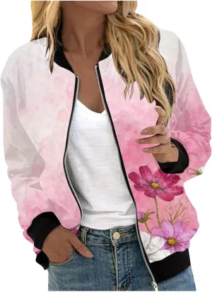Bomber Jacket Women 2024 Causal Floral Zip Up Coats Stand Collar Fall Jackets Lightweight Outerwear Windbreaker