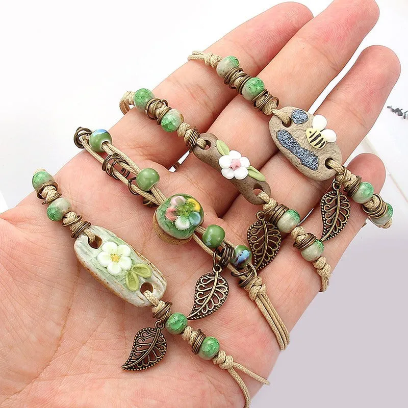 Bright-colored Handmade Flower Leaf Charm Beaded Bracelets