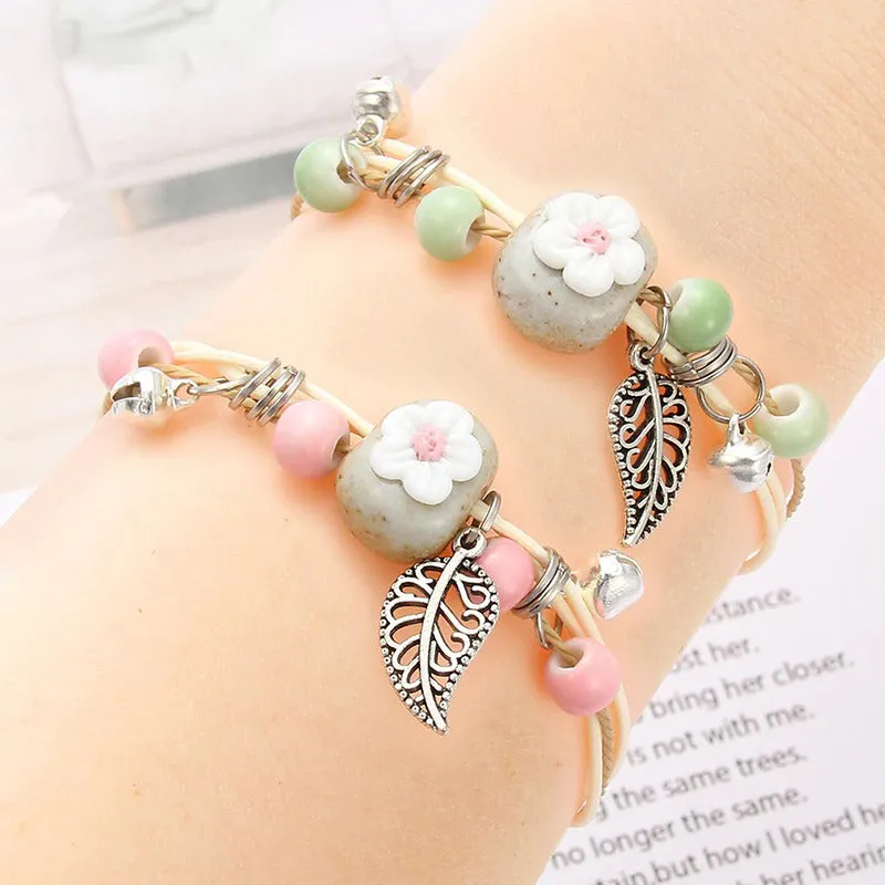 Bright-colored Handmade Flower Leaf Charm Beaded Bracelets