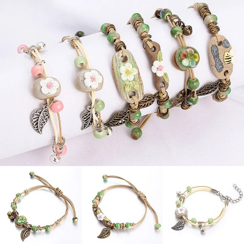 Bright-colored Handmade Flower Leaf Charm Beaded Bracelets