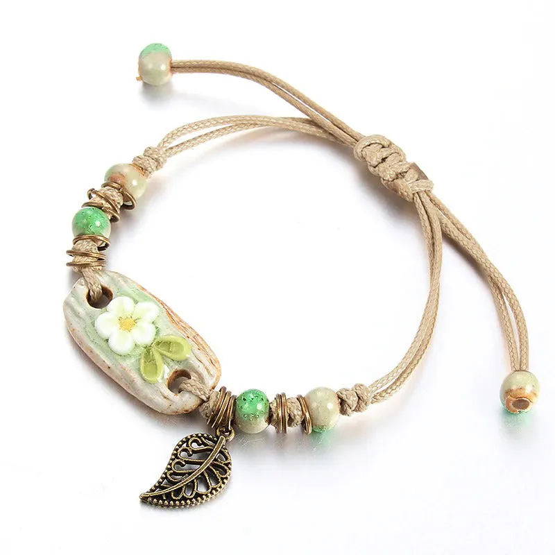 Bright-colored Handmade Flower Leaf Charm Beaded Bracelets