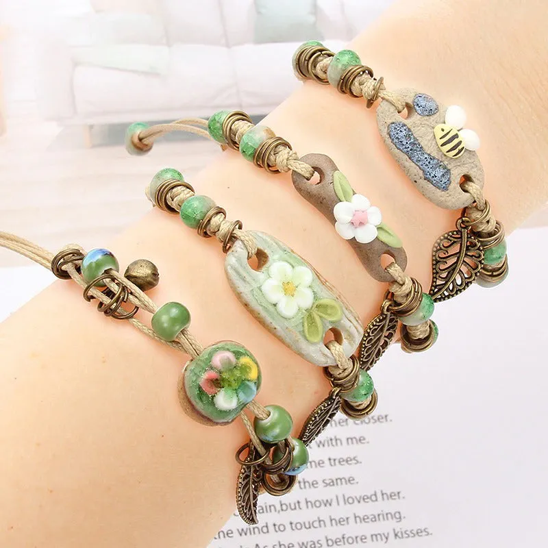 Bright-colored Handmade Flower Leaf Charm Beaded Bracelets