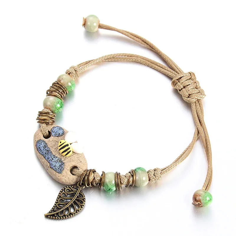 Bright-colored Handmade Flower Leaf Charm Beaded Bracelets