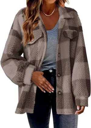 Cdiecer Women Flannel Jacket Fuzzy Plaid Jacket Button Down Teddy Coat Long Sleeve Sherpa Jackets Winter Warm Coats