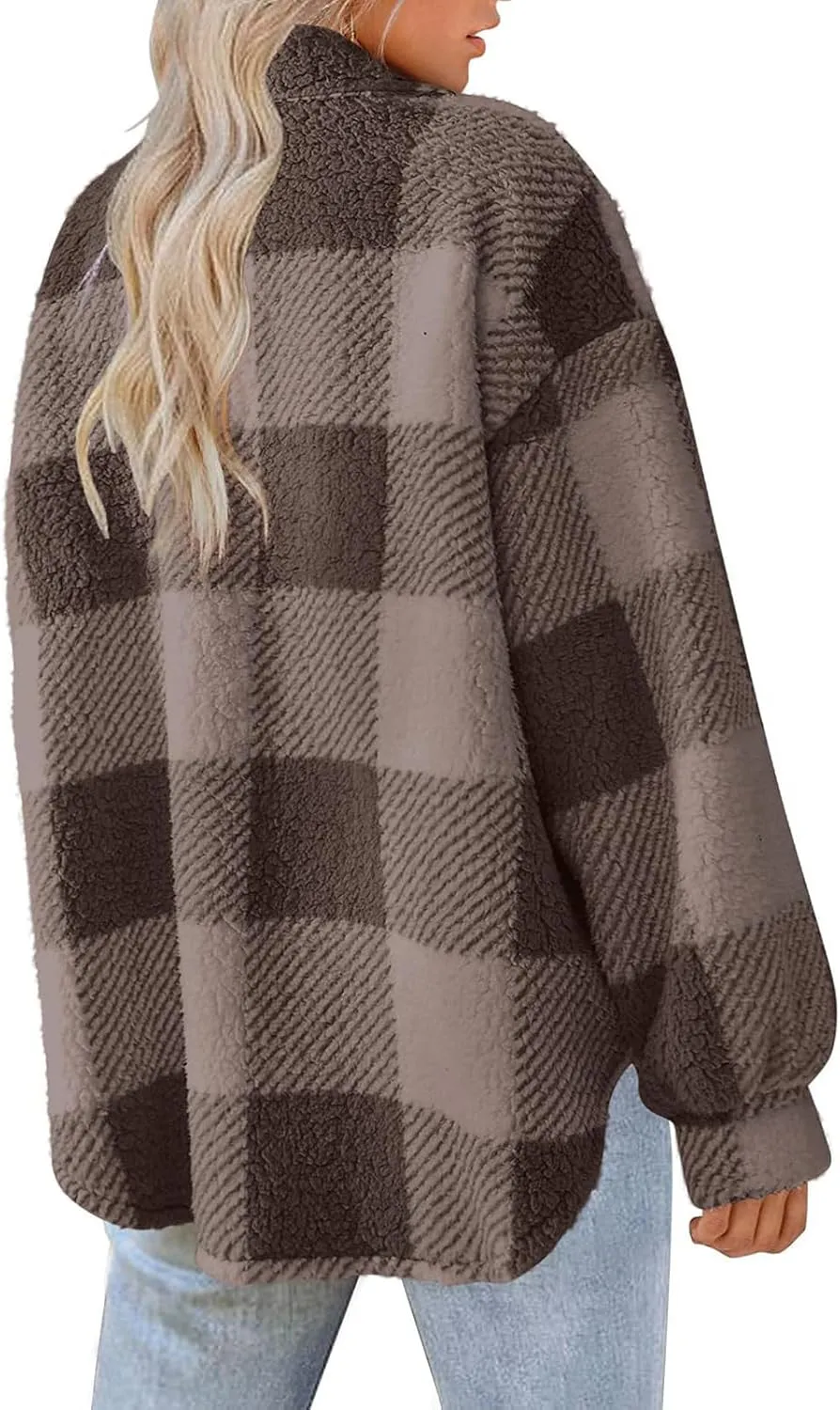 Cdiecer Women Flannel Jacket Fuzzy Plaid Jacket Button Down Teddy Coat Long Sleeve Sherpa Jackets Winter Warm Coats