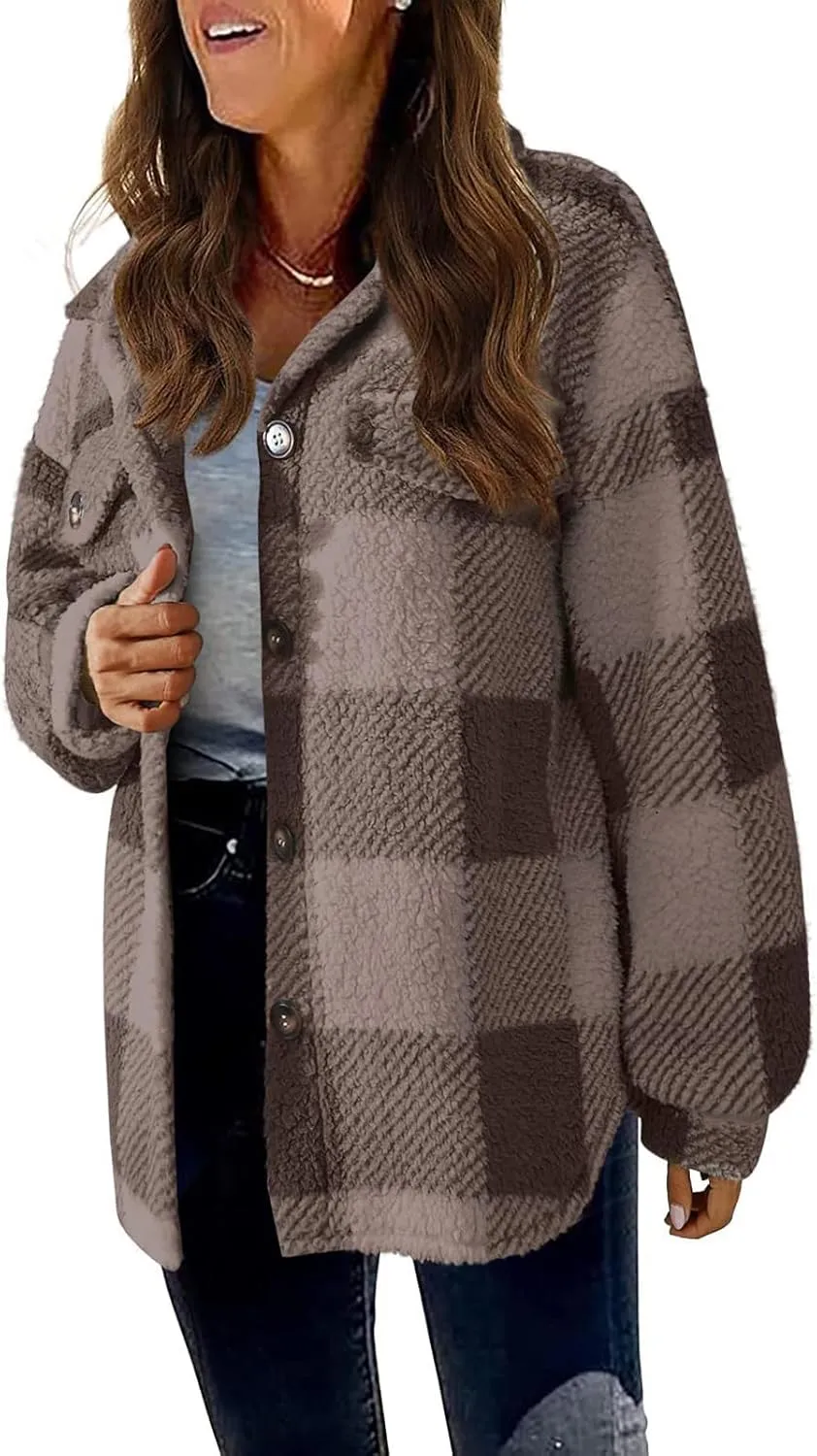 Cdiecer Women Flannel Jacket Fuzzy Plaid Jacket Button Down Teddy Coat Long Sleeve Sherpa Jackets Winter Warm Coats