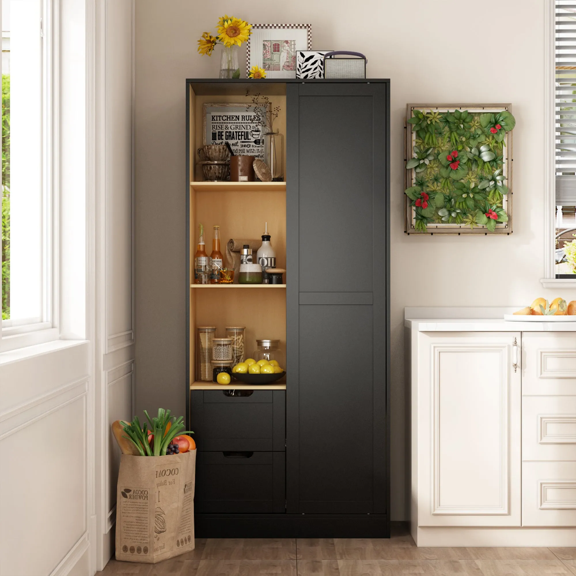 Contemporary/Modern Black Pantry with Wine Storage