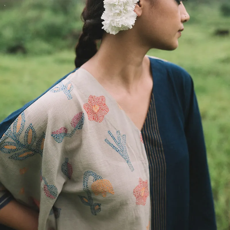 Cotton Kaftan Dress for Women | Grey & Indigo | Embroidered Kantha Stitch