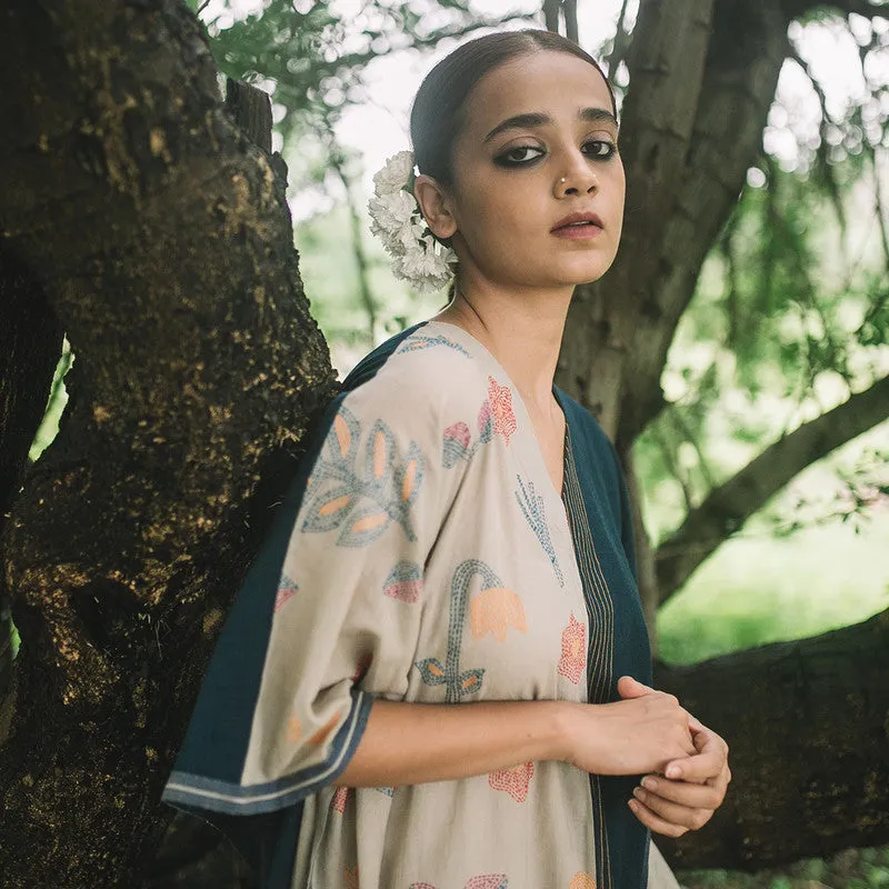 Cotton Kaftan Dress for Women | Grey & Indigo | Embroidered Kantha Stitch