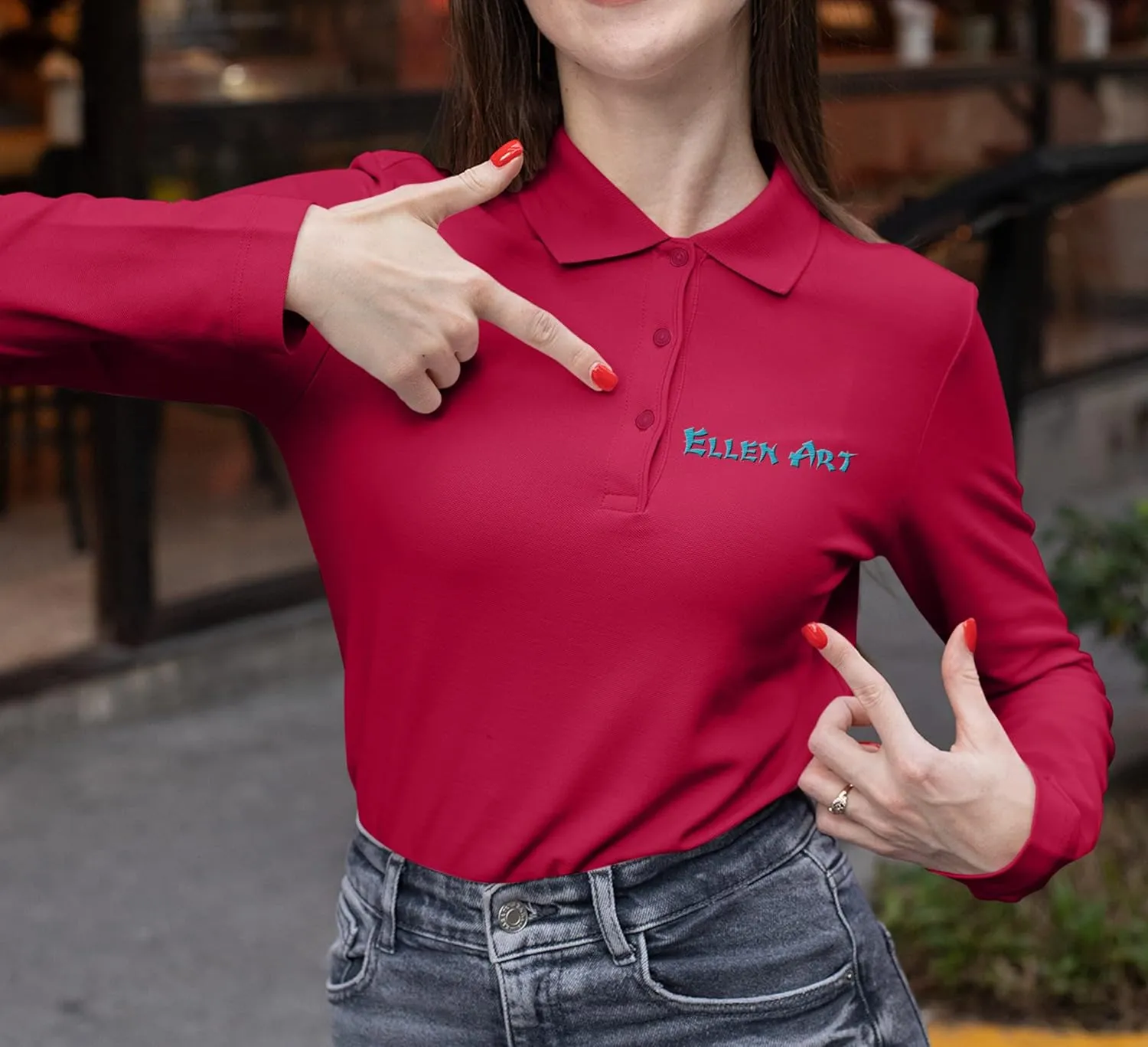 Custom Embroidered Long Sleeve Polo Shirt for Women Personalized Embroidery Text