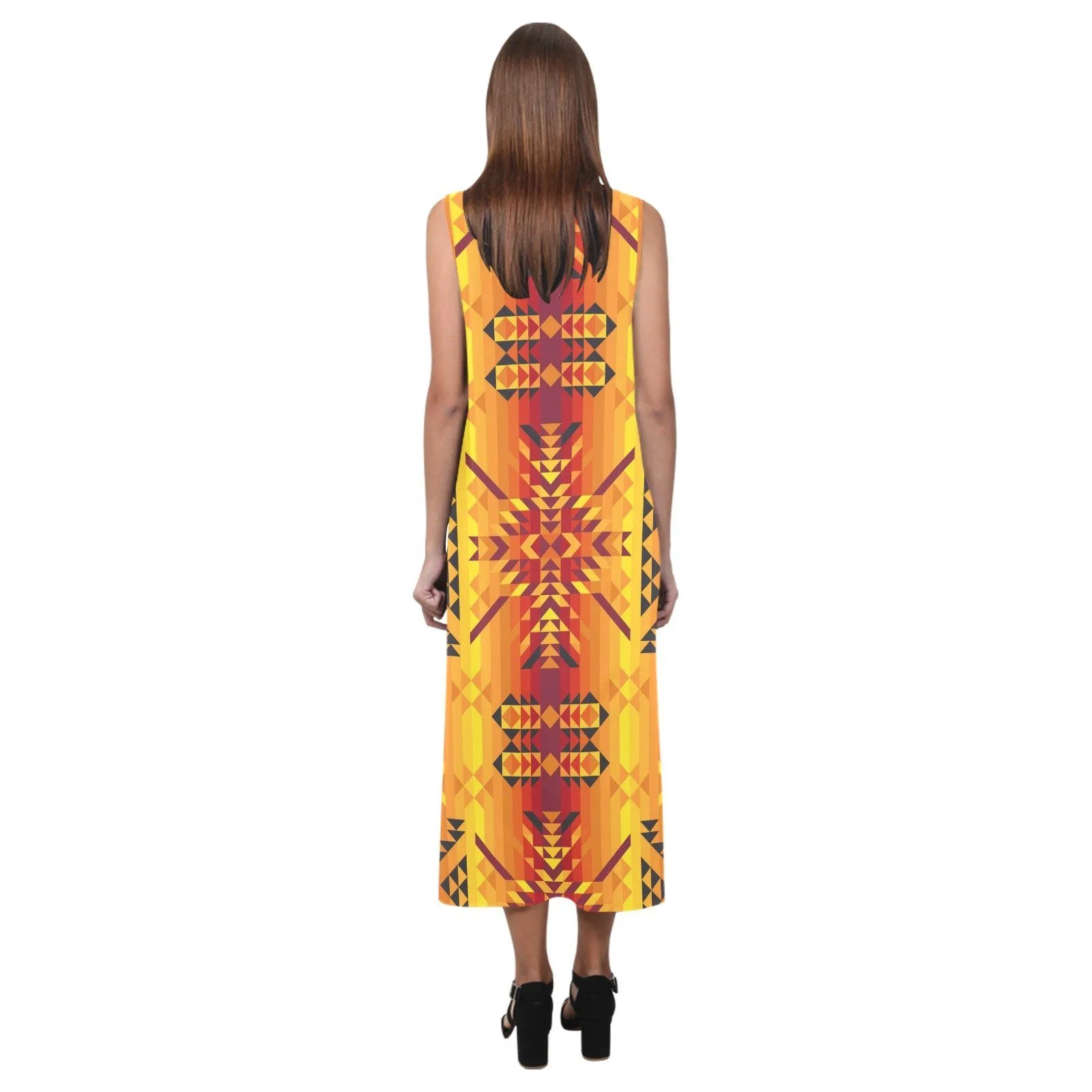 Desert Geo Yellow Red Phaedra Sleeveless Open Fork Long Dress