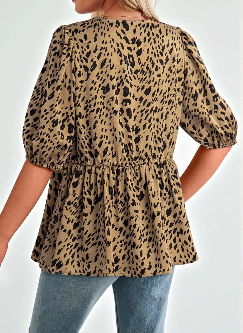 Dokotoo Summer Tops for Women Dressy Casual Business Crewneck Babydoll Peplum Puff Sleeve Shirts Tie Front Boho Blouses