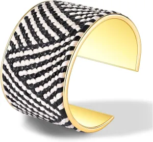 FAERLIIRY Wide Cuff Bracelet Gold Chunky Bangles Bracelets for Women Black White Open Bangle with Raffia Statement Cuff Wrap Bracelet Punk Jewelry (Black White)