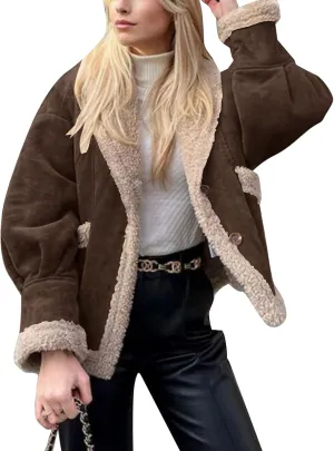 Flygo Women's Winter Faux Suede Jacket Sherpa Lined Jacket Button Down Lapel Fleece Jacket Winter Coats with Pockets(Coffee-M)