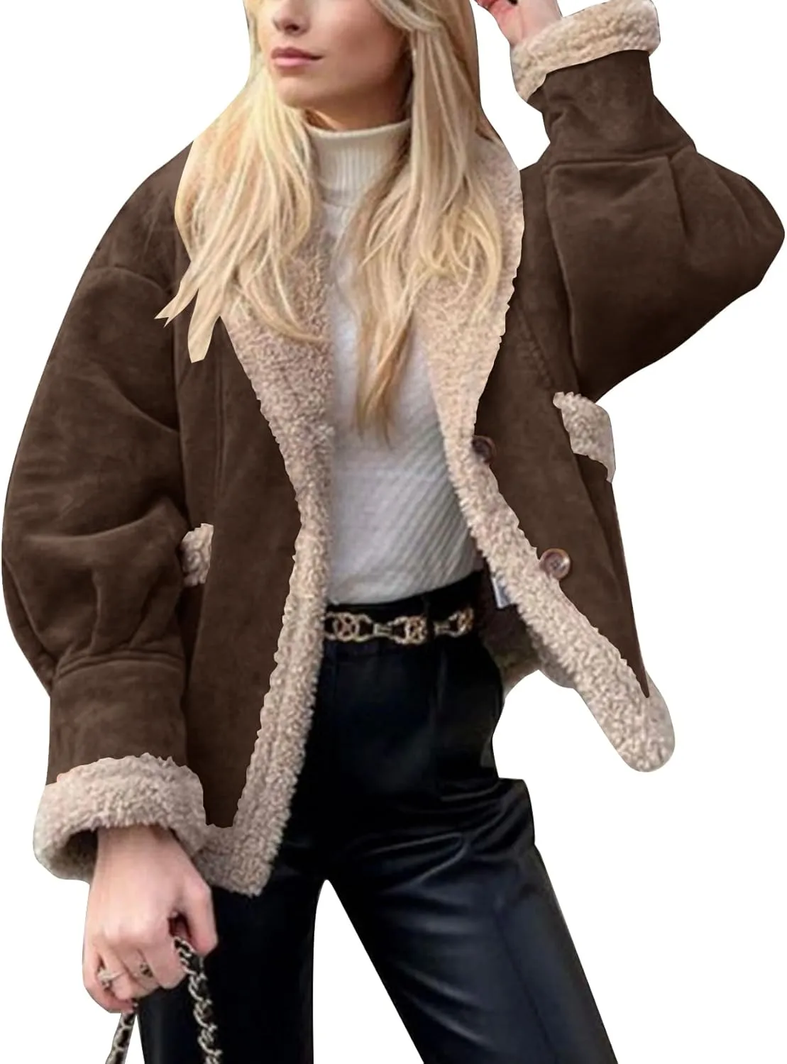 Flygo Women's Winter Faux Suede Jacket Sherpa Lined Jacket Button Down Lapel Fleece Jacket Winter Coats with Pockets(Coffee-M)