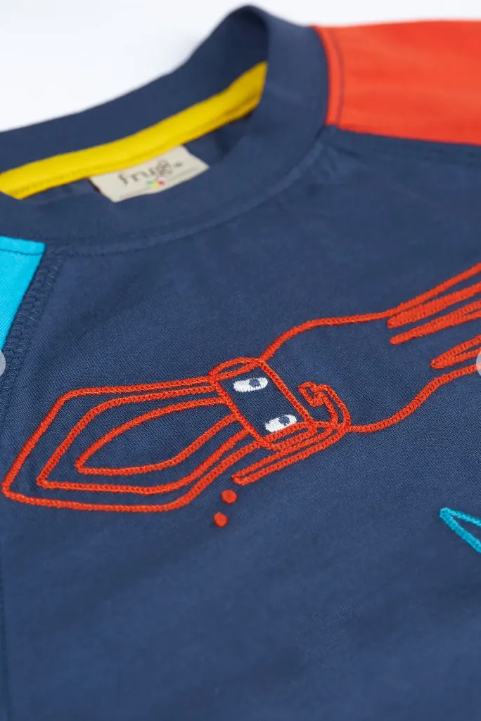 Frugi Jax Raglan Top in Navy Blue/Squids