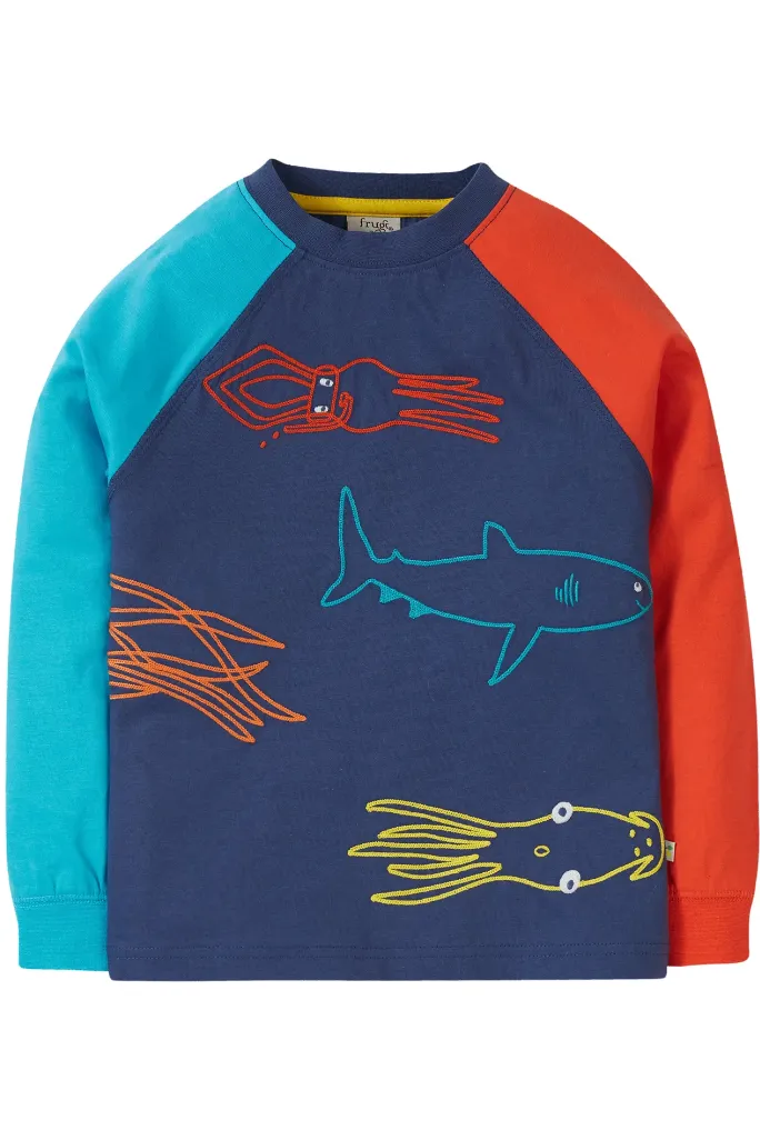 Frugi Jax Raglan Top in Navy Blue/Squids