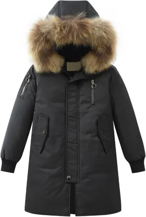 Girls Boys Long Winter Coat Heavyweight Puffer Jacket Insulated Parka with Fu Hooded Padded Down Coat for Kids