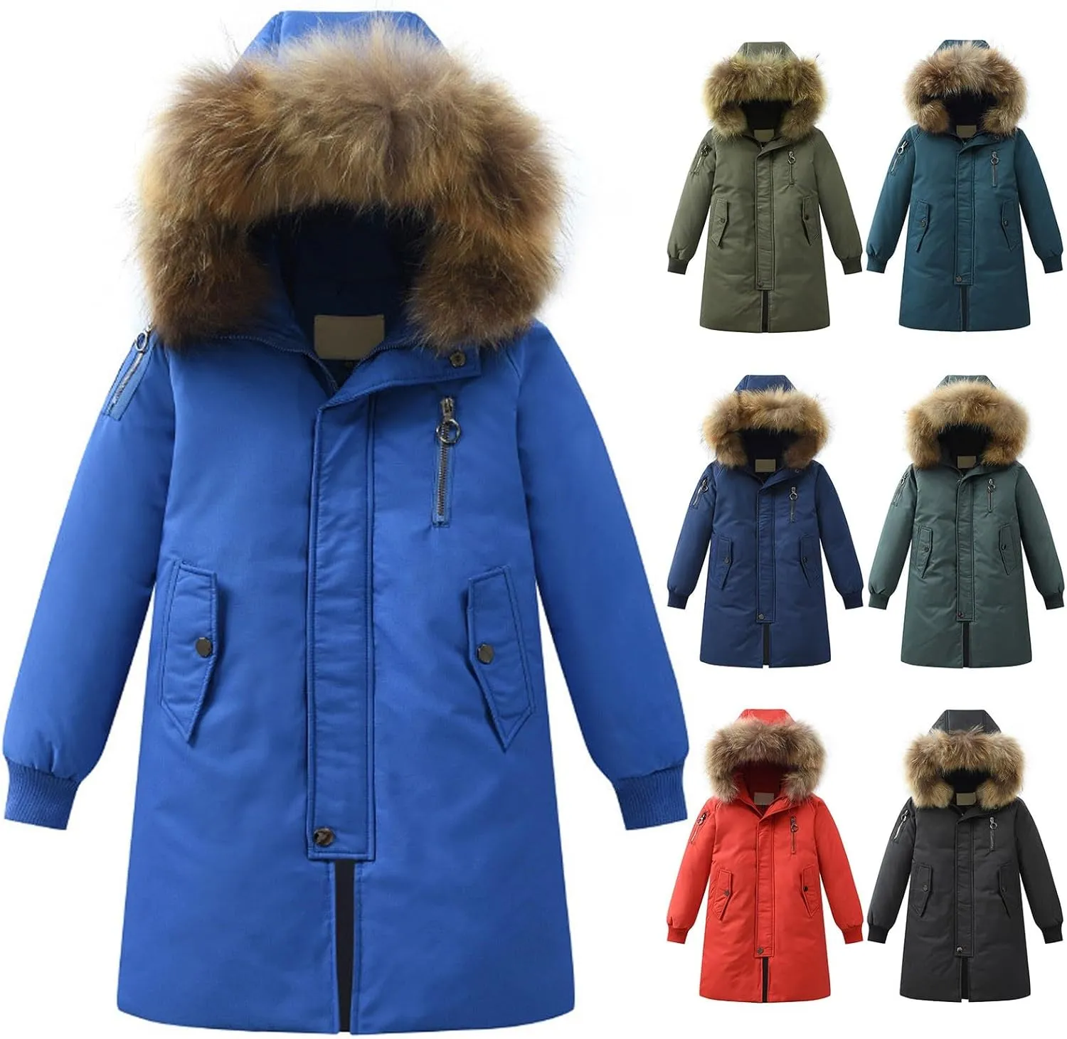 Girls Boys Long Winter Coat Heavyweight Puffer Jacket Insulated Parka with Fu Hooded Padded Down Coat for Kids