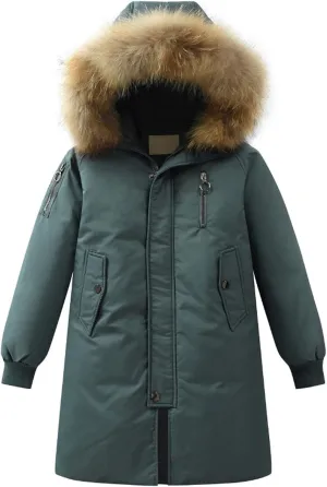 Girls Boys Long Winter Coat Heavyweight Puffer Jacket Insulated Parka with Fu Hooded Padded Down Coat for Kids