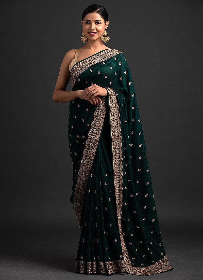 Green And Golden Sequence Embroidered Saree