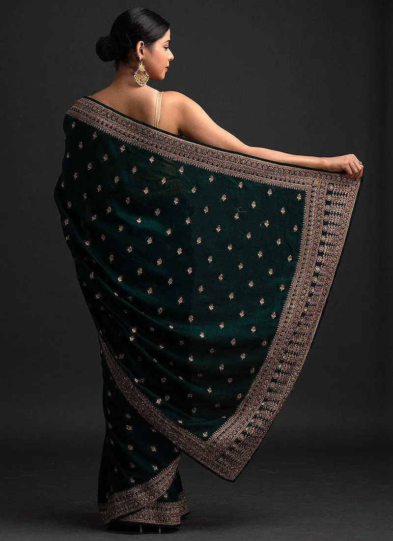 Green And Golden Sequence Embroidered Saree