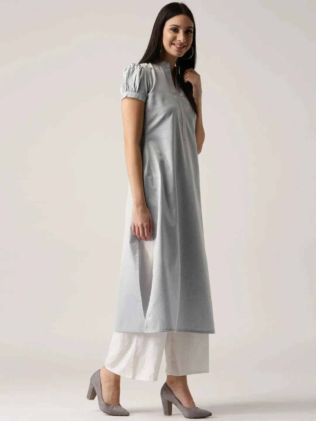 Grey Solid Polyester Kurta