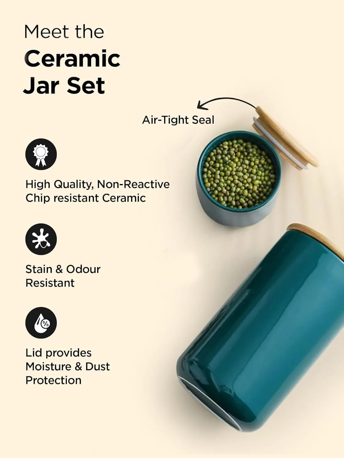 Homestic 800ml Ceramic Jar for Kitchen Storage | Air Tight Container Set with Bamboo Lid | Kitchen Container for Snacks, Tea, Sugar | Multipurpose Organizer | Teal | Pack of 2