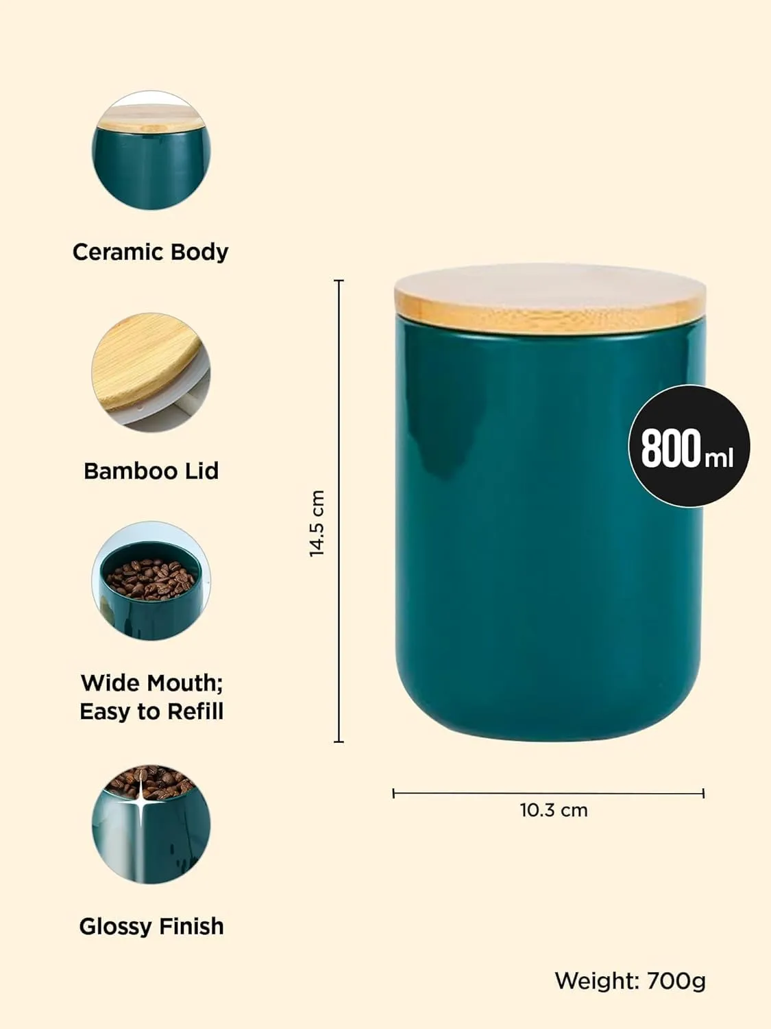 Homestic 800ml Ceramic Jar for Kitchen Storage | Air Tight Container Set with Bamboo Lid | Kitchen Container for Snacks, Tea, Sugar | Multipurpose Organizer | Teal | Pack of 2