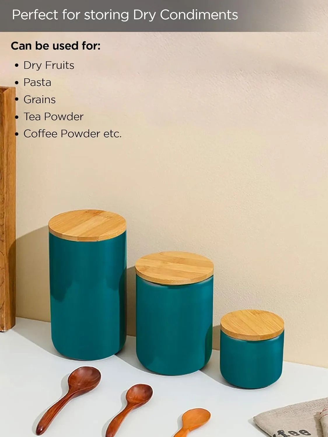Homestic 800ml Ceramic Jar for Kitchen Storage | Air Tight Container Set with Bamboo Lid | Kitchen Container for Snacks, Tea, Sugar | Multipurpose Organizer | Teal | Pack of 2